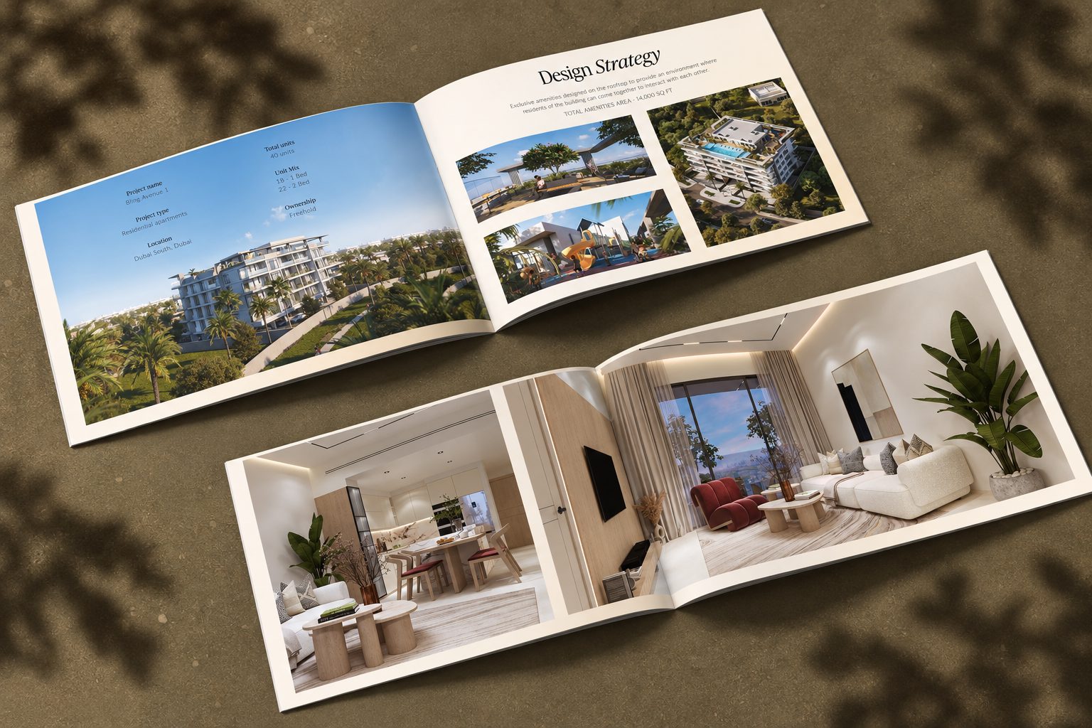 Two open spreads side by side: the unit-facts and design strategy pages, and the full-bleed interiors pages