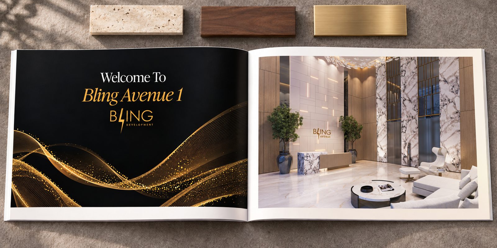 Black and gold welcome spread facing the marble lobby render, with travertine, walnut and brass samples laid out above