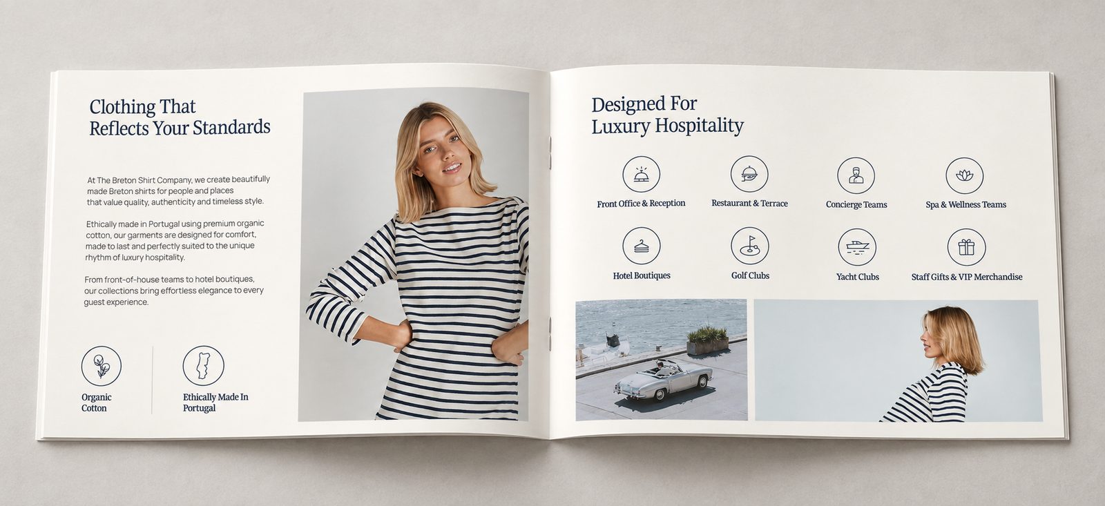 Interior spread with product photography and a grid of hospitality segment icons