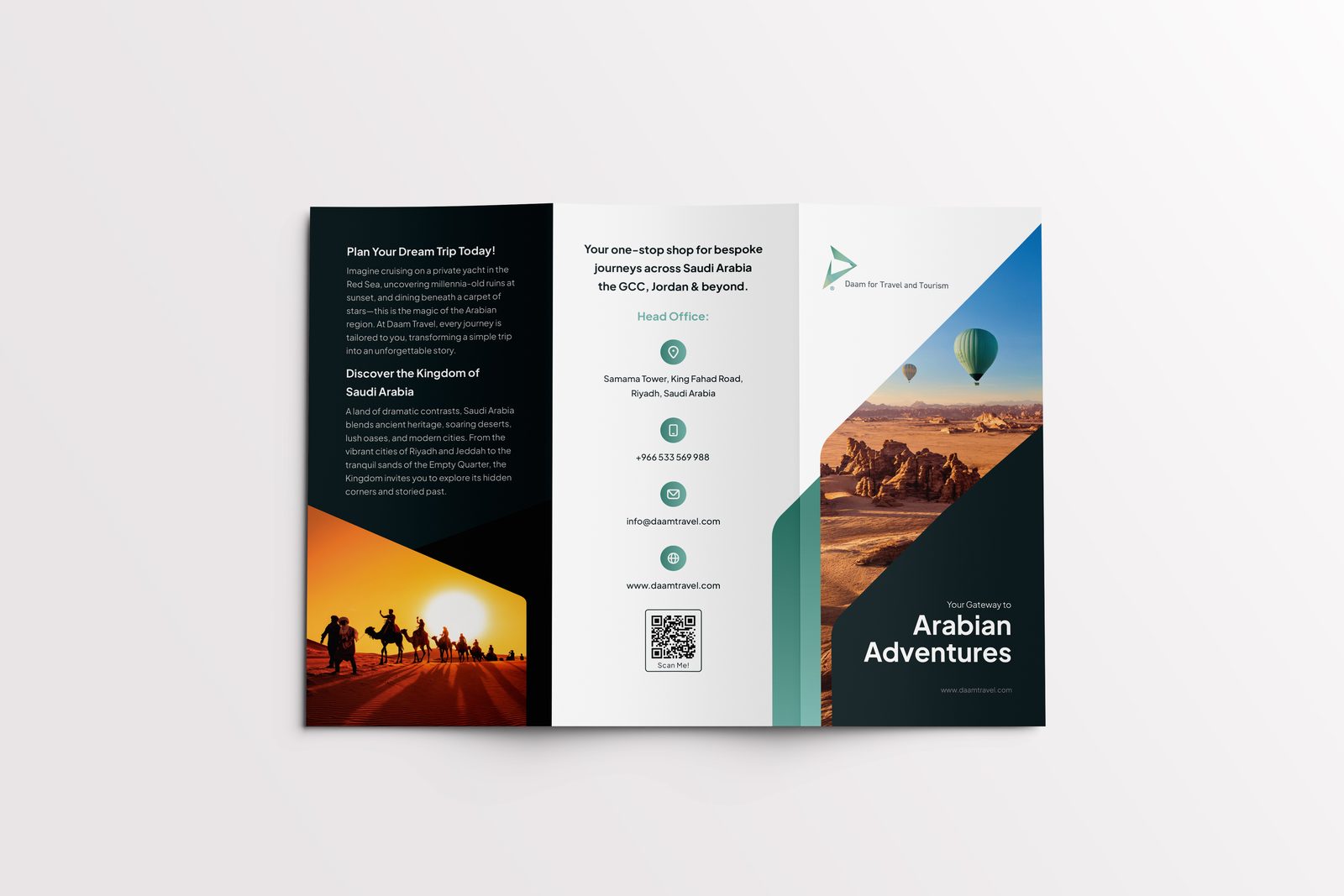 Daam Travel trifold open flat showing all three panels