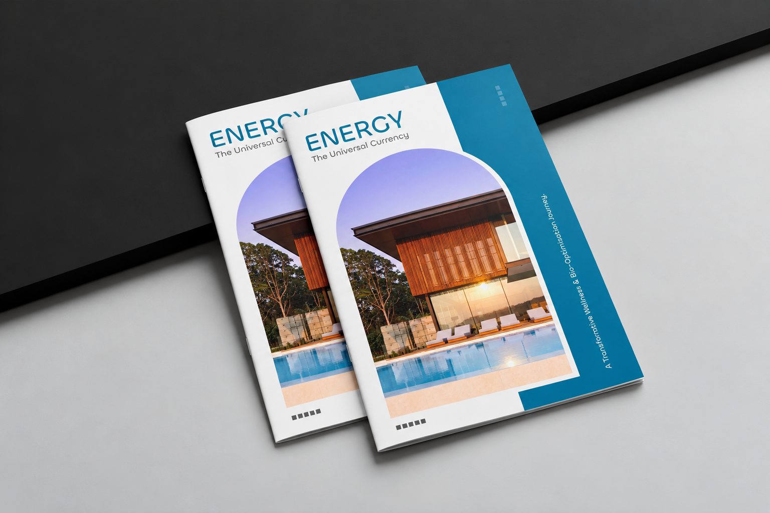 Two copies of the Energy programme brochure stacked, showing the arch-cropped cover and the spine band