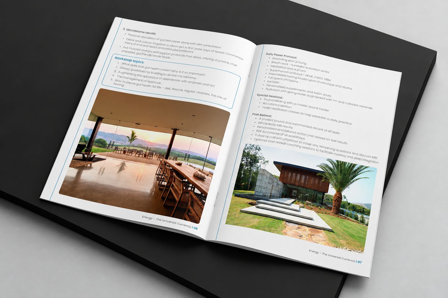 Spread with workshop topics, the daily protocol list and two retreat photographs