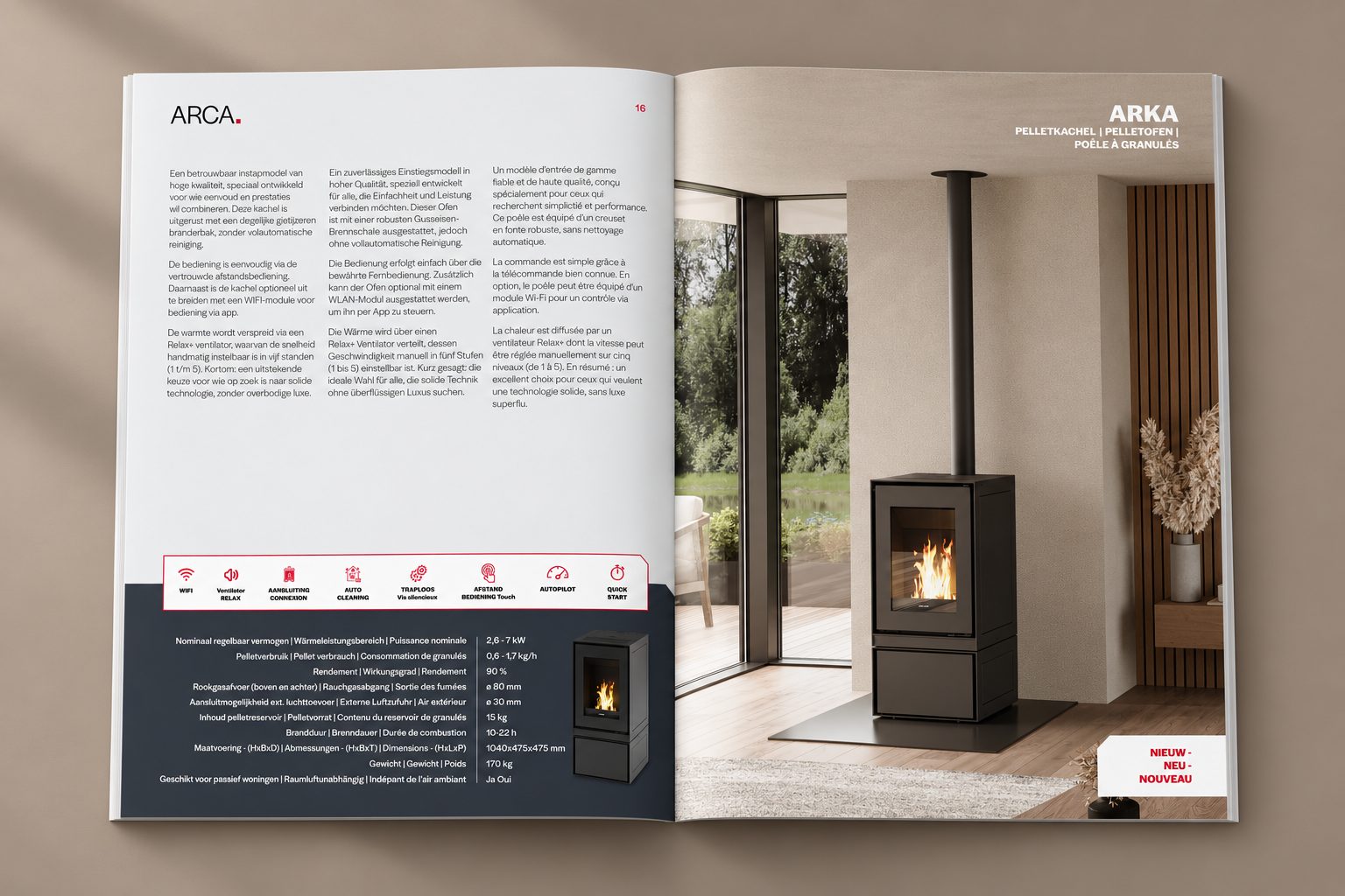 Arka model spread with full-bleed photography and specification block