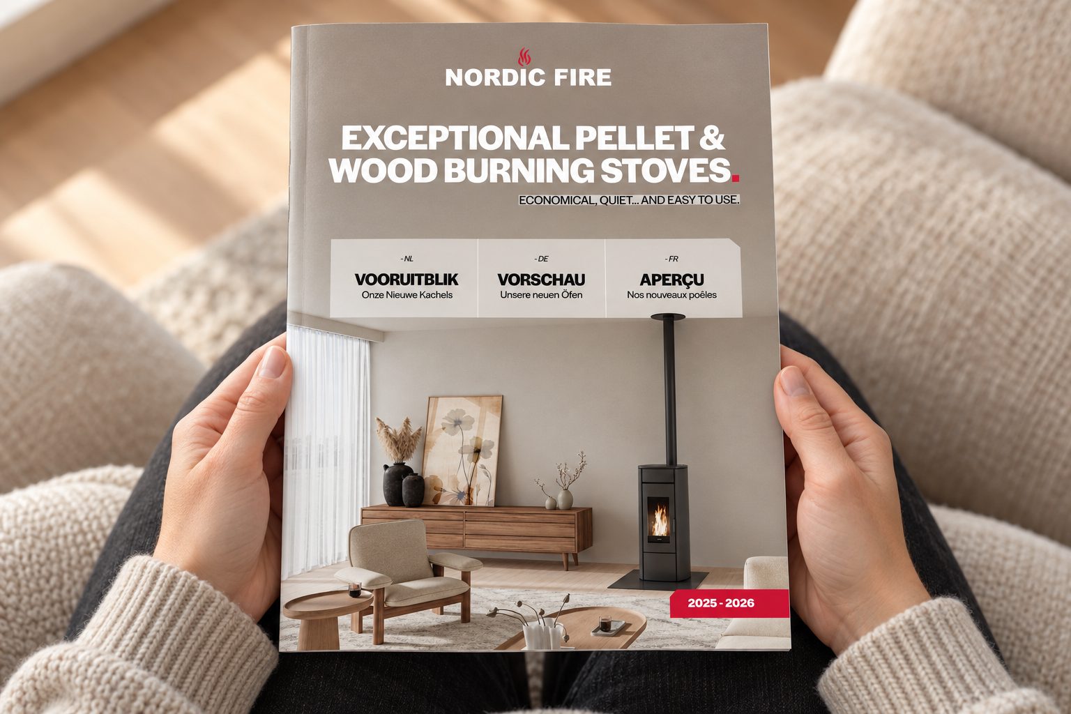 Nordic Fire brochure held open in a reader's hands, showing the trilingual masthead and a stove in a styled living room