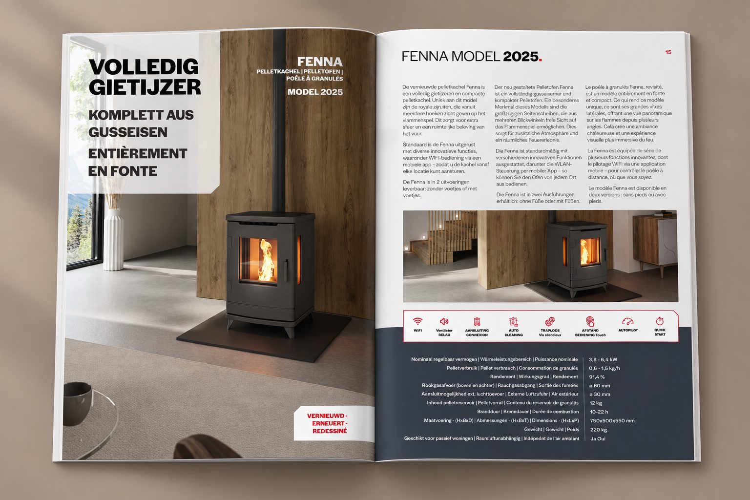 Fenna model spread with parallel Dutch, German and French copy and a spec table