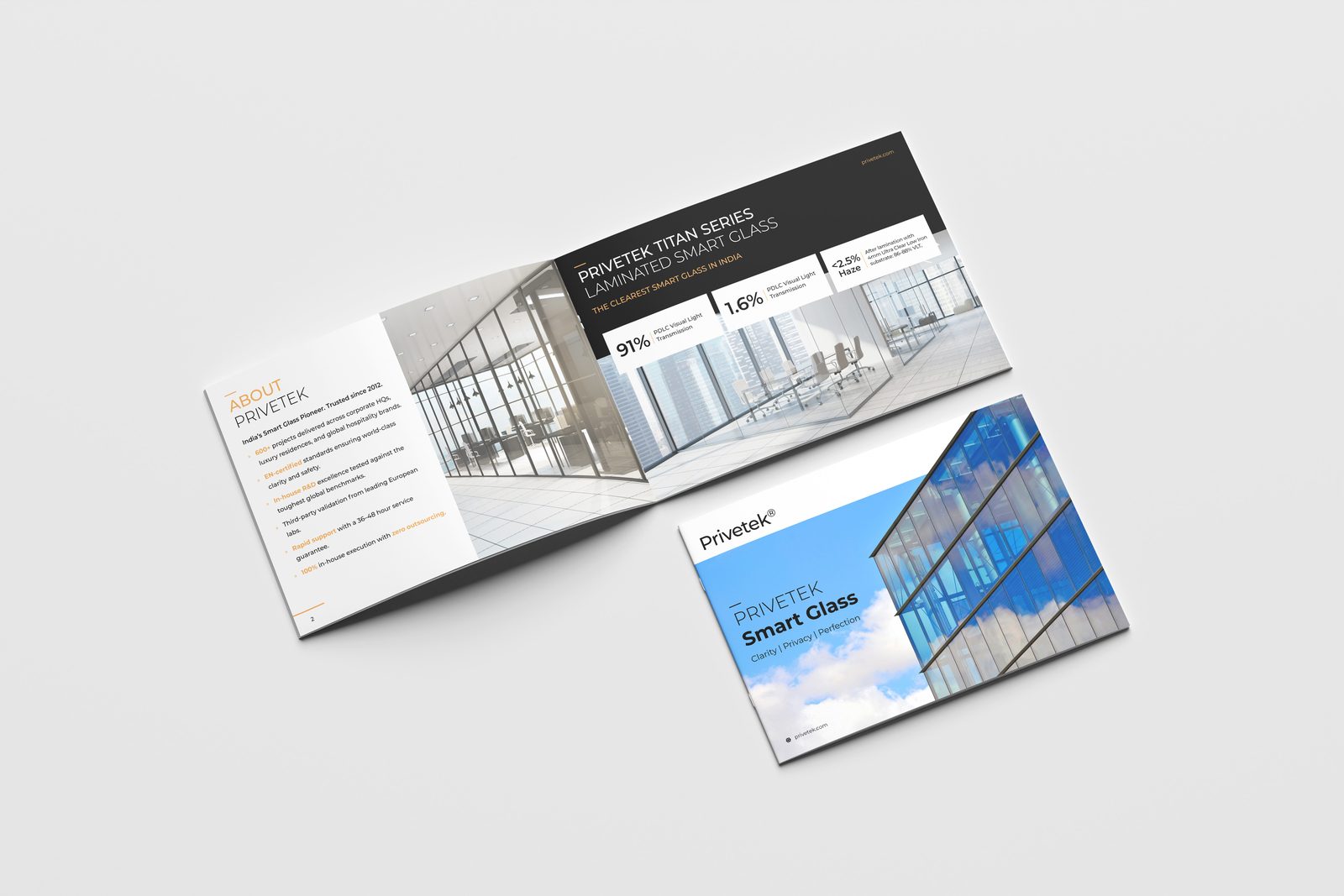 Privetek Smart Glass brochure shown open and closed on a light grey surface