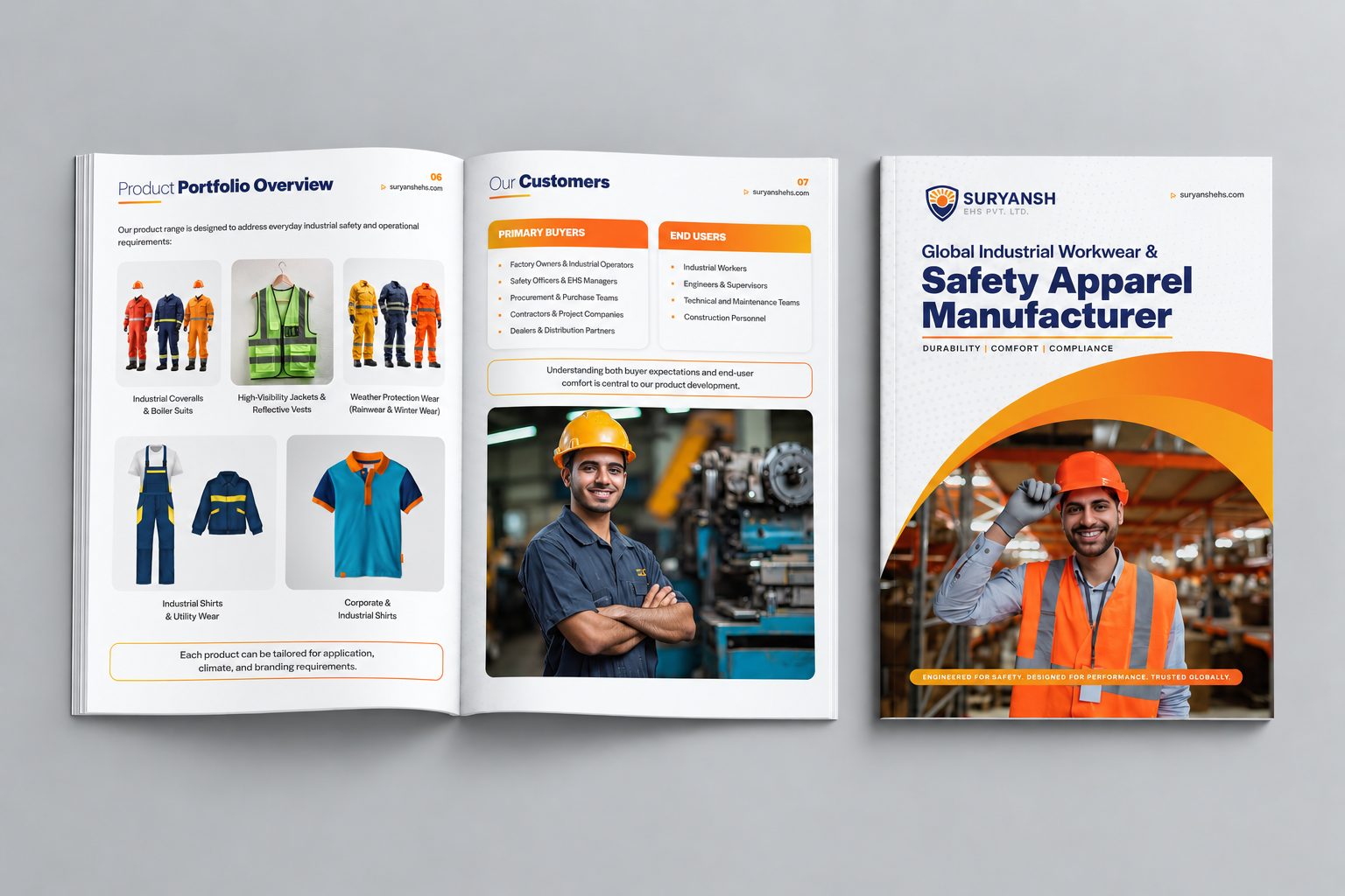 Suryansh EHS brochure open at the product portfolio and customer pages, with the cover standing alongside