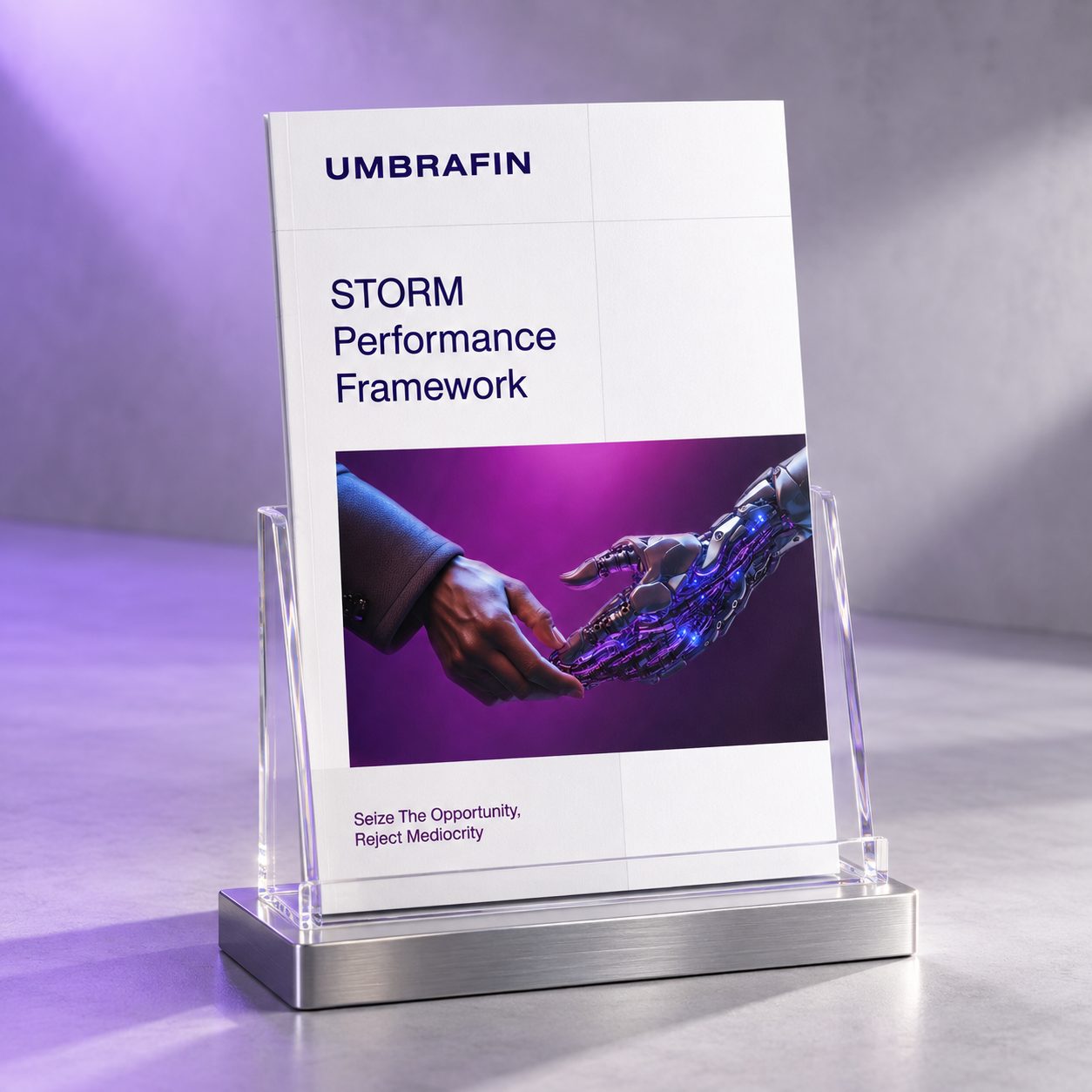 Umbrafin STORM framework document displayed in an acrylic desk stand